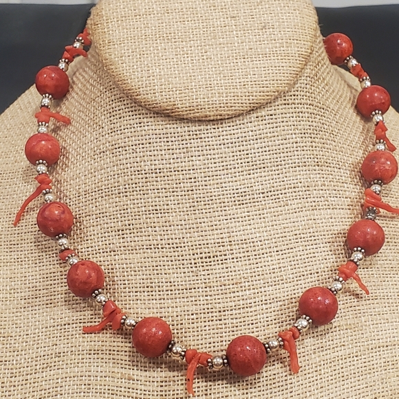 Vintage Sterling Silver Coral Necklace Natural Coral 17